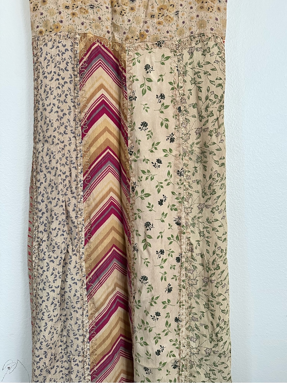 Vintage Y2K Boho Patchwork Embroidered Babydoll Maxi Dress Beige Pink Accent - Picture 4 of 5